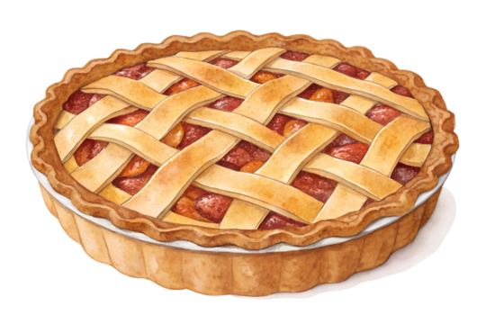 Watercolor lattice pie with golden crust and sweet filling, hand painted bakery dessert illustration. Rustic homemade tart isolated on transparent background, perfect for autumn recipes, Thanksgiving 