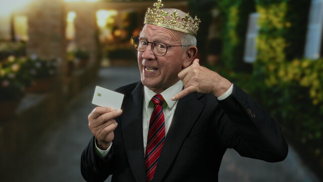 Senior businessman wearing a crown and suit makes a phone gesture while standing on a street, holding a card in an outdoor setting, suggesting a royal announcement.