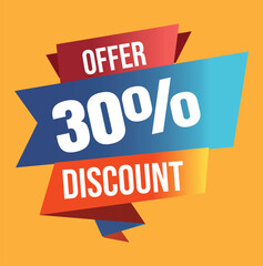 Thirty percent discount offer banner with red and blue ribbons