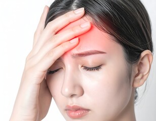 Fototapeta premium Worried young woman experiencing severe headache with hand to forehead for pain relief