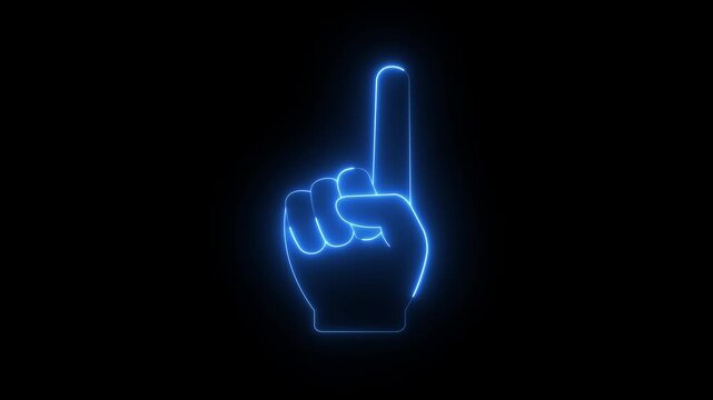 Neon one finger hand up icon animation on black background. Finger up direction icon. Animated icon of a pointing hand. Neon glowing  finger up icon.