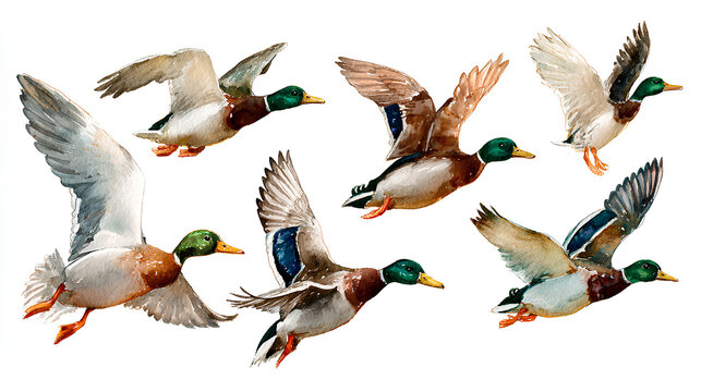 Flock of flying watercolor hand drawn ducks mallard birds in motion, hand-painted wildlife clipart Stock Illustration