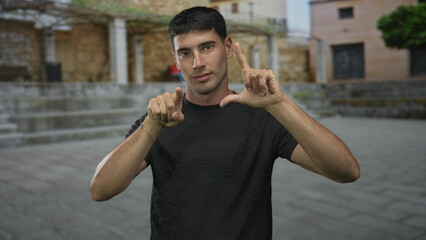 Young hispanic man forming loser gesture with hand in old town street amid historic stone...