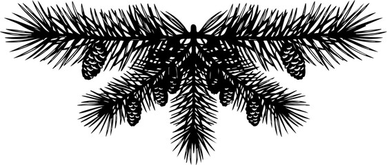 Naklejka premium Elegant black silhouette of a pine branch with cones, perfect for festive holiday designs and natural winter themes