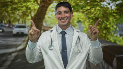 Hispanic man doctor with stethoscope finger pointing to both sides on a busy city street at...