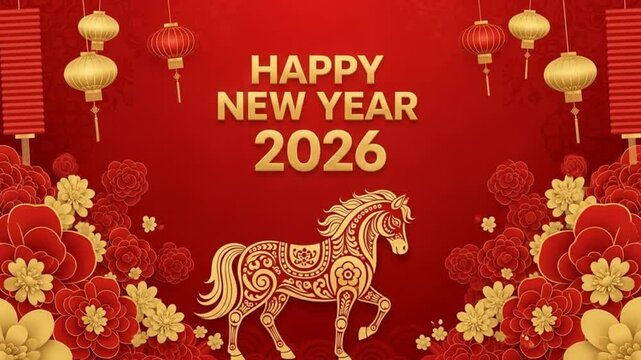 Chinese New Year 2026 modern design in red, gold colors for card, banner. Flyer Template,Year of the Horse,Chinese zodiac Horse symbol. Chinese translation : Good Luck in the Year of the ... See More