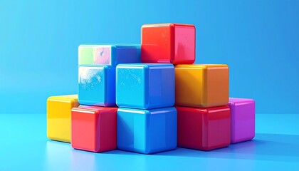 Fototapeta premium A colorful pyramid made of brightly colored square blocks on blue