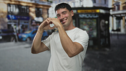 Man in white t shirt forms heart shape with hands on street smiling broadly under bright daylight;...