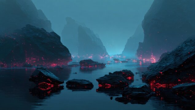 Misty alien landscape with glowing rocks - Powered by Adobe