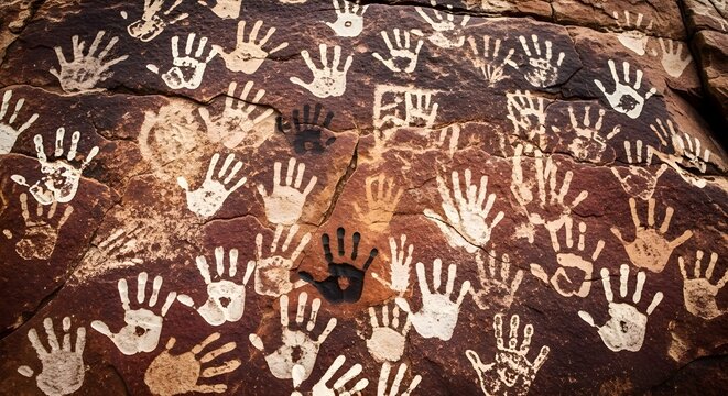 Ancient handprints adorn a weathered rock face telling stories of generations past