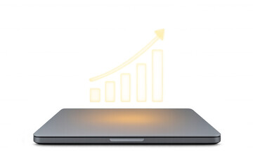 Laptop displaying glowing growth bar chart and rising arrow, illustrating business success and financial progress concept
