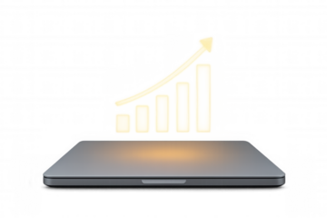 Laptop displaying glowing growth bar chart and rising arrow, illustrating business success and financial progress concept