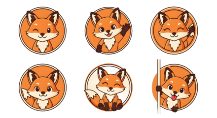 Adorable Red Fox Cartoon Mascot Icon Set with Various Expressions and Poses, Flat Design Vector Collection for Branding, Children's Content, and Digital Graphics