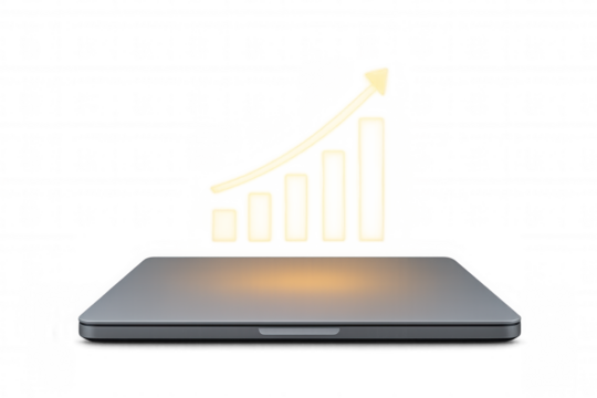 Laptop displaying glowing growth bar chart and rising arrow, illustrating business success and financial progress concept