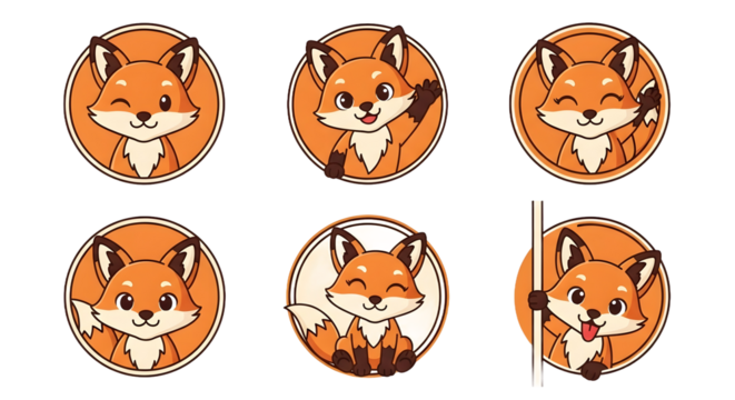 Adorable Red Fox Cartoon Mascot Icon Set with Various Expressions and Poses, Flat Design Vector Collection for Branding, Children's Content, and Digital Graphics