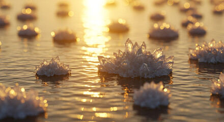 Golden sunlight reflects in the water's surface, creating abstract ripples with texture and the light of candles