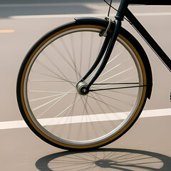 Fototapeta premium A bicycle wheel spinning slightly on a clean street.