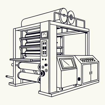 A detailed line art illustration of a modern industrial printing press machine with rolls of paper and a control panel featuring a touchscreen and buttons