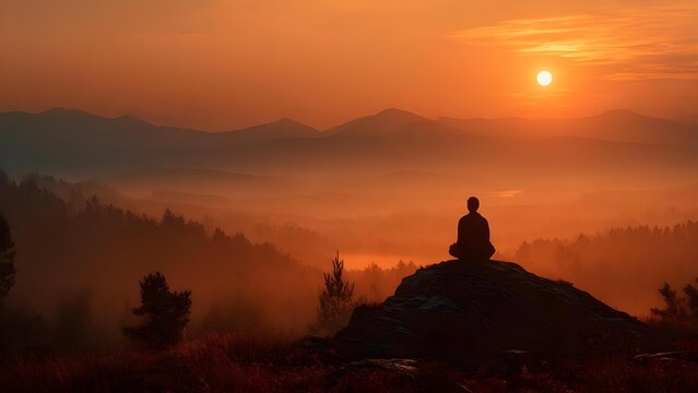 Silhouette of a person meditating on a rocky outcrop at sunset, overlooking a misty forest and distant mountains. Concept Silhouette Portrait, Meditation, Sunset Landscape, Rocky Outcrop - Powered by Adobe