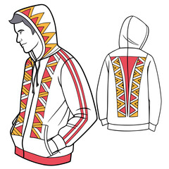 Stylish white hooded sweatshirt with a vibrant geometric zigzag pattern in red and yellow on the front and back showcasing a modern streetwear design for men