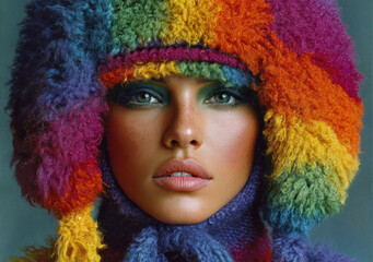 Vibrant closeup portrait of woman in rainbow-colored wool hat with dramatic makeup and intense gaze, bold fashion style Generative AI