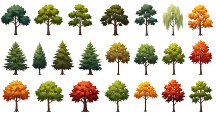 Collection of Various Realistic Trees in Different Seasons and Varieties for Artistic and Design Purposes