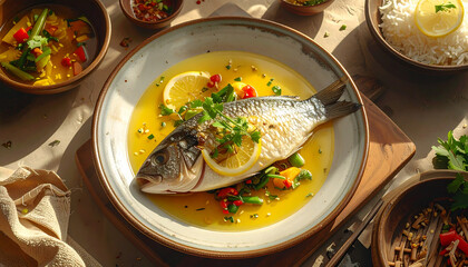 Whole Fish in Yellow Broth with Rice and Stir-Fry for Cozy Food Editorial or Blog  