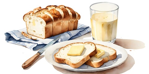 Breakfast with bread butter and milk on white background 