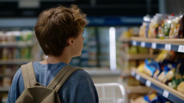 Grocery shopping from the back view, a teenager faces grocery store shelves with snacks, grappling with consumer choice in a supermarket. Canvas backpack in cart, paper receipt in pocket, store