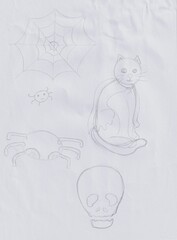 Adorable Halloween-themed pencil sketches in a simple, childish style. Minimalist hand-drawn outlines perfect for coloring, painting, or creative spooky art projects for kids. Created by me