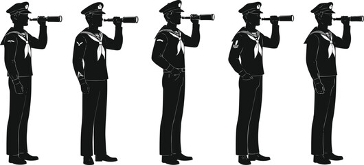 Sailor silhouettes, telescope pose, naval uniform, sea exploration, vector illustration, posture comparison, maritime theme, black figures, nautical concept, crew lineup