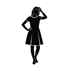 Silhouette of a woman in a dress with hand on hip and hand on head against white background