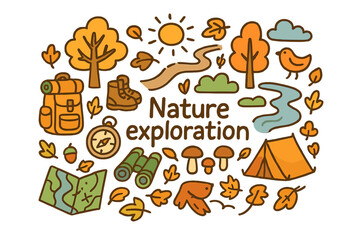 Fototapeta premium Nature Exploration Doodles. Nature exploration. Hand-drawn doodle illustration of Nature exploration. trail,