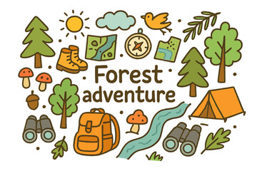 Fototapeta premium Forest Adventure Illustration. Forest adventure. Hand-drawn doodle illustration of Forest adventure. trees,