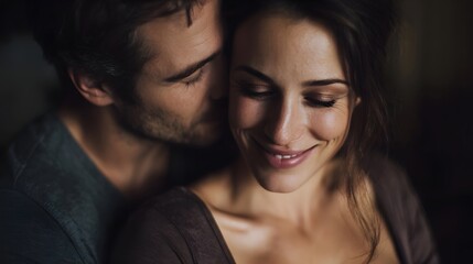 A man tenderly embraces a smiling woman from behind sharing an intimate moment of love and connection in a cozy softly lit environment