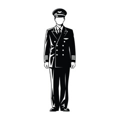 A full body illustration of a pilot in uniform standing against a white background plane job silhouette