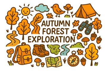 Naklejka premium Autumn Forest Adventure. Autumn forest exploration. Hand-drawn doodle illustration of Autumn forest