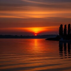 Fototapeta premium Sunset Reflections on Serene Waters - A Tranquil Evening Landscape.