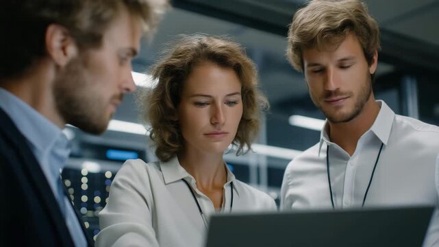 IT professionals testing network protocol compliance in futuristic server room, symbolizing secure data exchange, digital efficiency, and innovative technological development across industries.