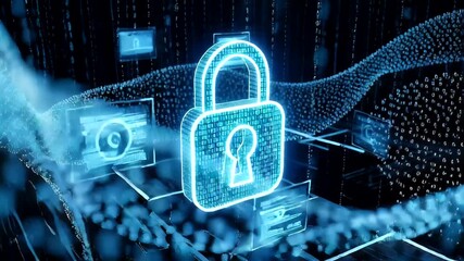 Digital lock symbolizing cybersecurity amidst flowing data streams (1) - Powered by Adobe