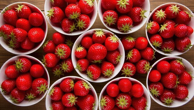 Overhead view of fresh ripe red strawberries in white bowls.