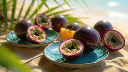 Passion fruit on plates near the beach, tropical fruits.