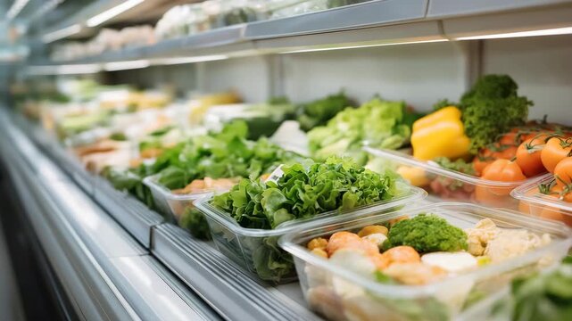 Organic food on empty grocery shelves, highlighting healthy eating and food choice in a retail supermarket. Plastic container on floor, paper price tag dangles, muzak hums. three-quarter wide