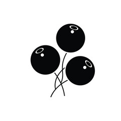 A simple black and white illustration of three round berries with stems on a white background silhouette