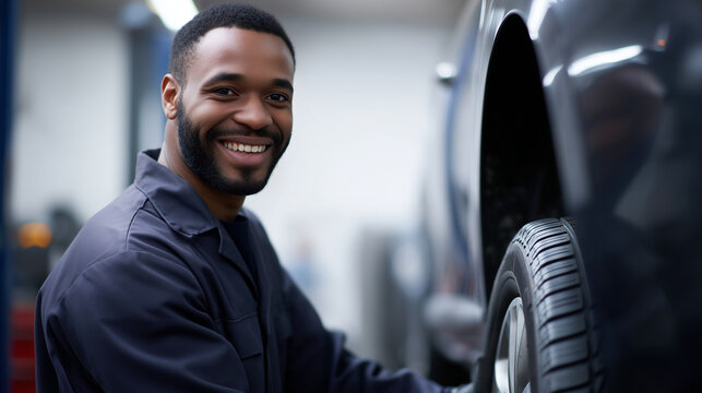 auto mechanic changing car tire in modern workshop, professional technician smiling while repairing vehicle, automotive service and maintenance concept auto repair, mechanic worksh