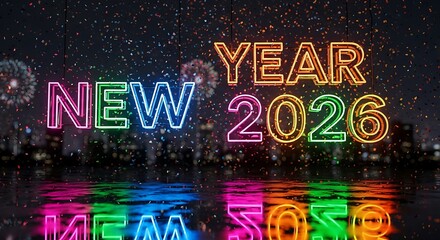 Vibrant neon lights celebrate the arrival of a new year with dazzling fireworks over a cityscape.