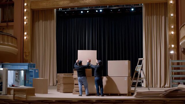 Stagehands silently coordinate set changes by moving props and adjusting curtains in shadows, representing hidden teamwork, discipline, and the invisible labor that allows live theater to appear