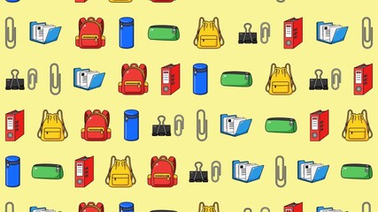 Back to school seamless design showing colorful backpack, stationery, binder clips, folders, pencil pouches and paper clips on light yellow background - Powered by Adobe