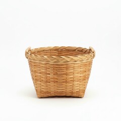 Wide Woven Bamboo Storage Basket with Small Handles on White Background