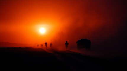 silhouettes of soldiers and military vehicles at sunset in desert environment, dramatic orange sky filled with dust, intense cinematic atmosphere, symbolic of war and endurance, st